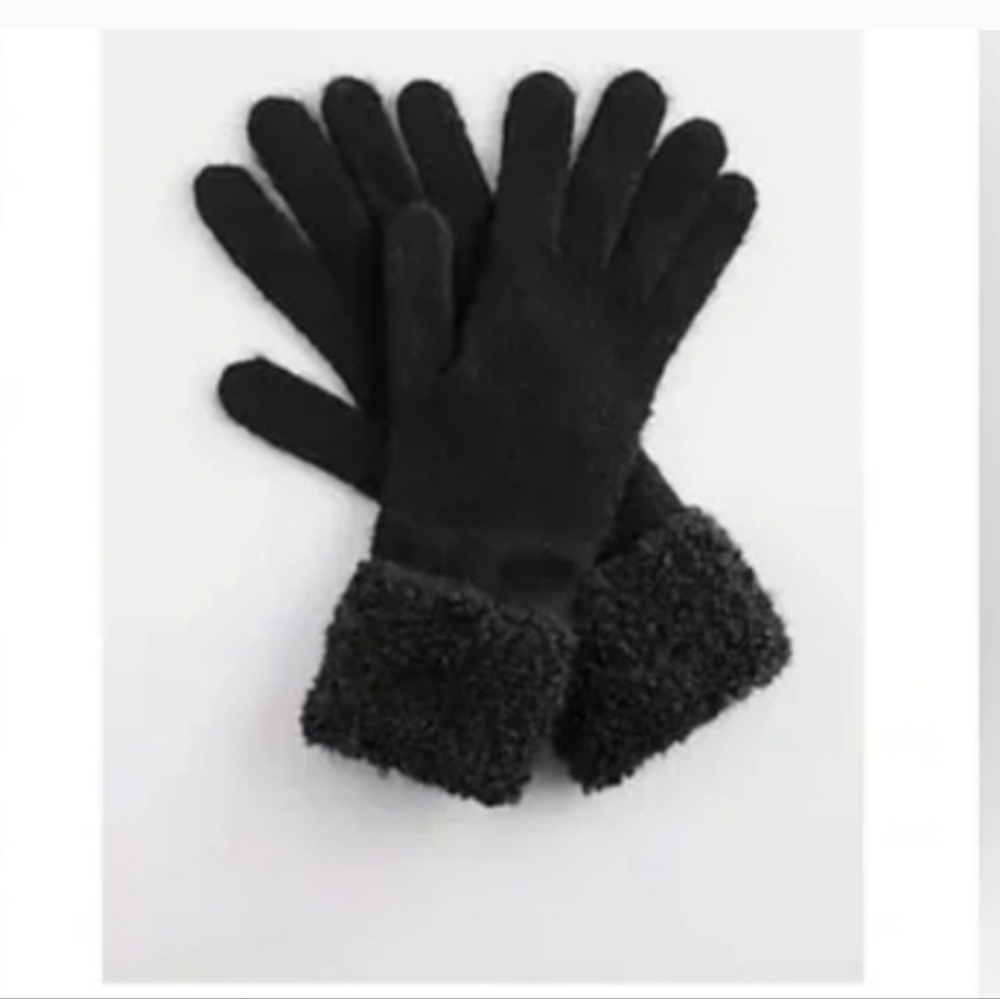 NEW J JILL WOOL BLEND BOUCLE GLOVES KNIT CUFF MADE IN ITALY BLACK